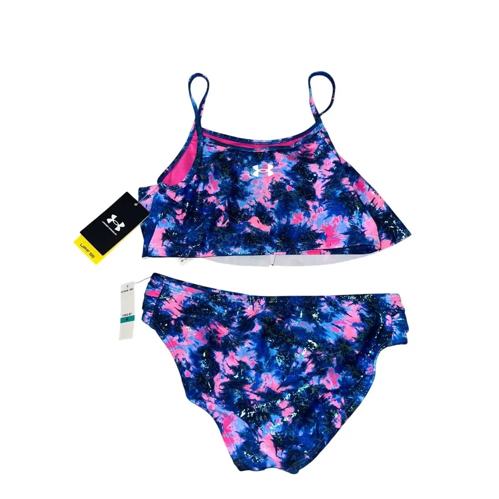 Under Armour bikini set tie-dye style print photon blue and bright pink 16 girls